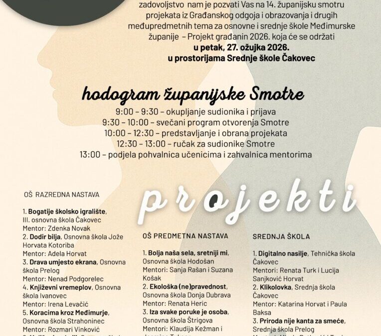 14. županijska smotra projekata iz Građanskog odgoja i obrazovanja i drugih međupredmetnih tema za osnovne i srednje škole Međimurske županije – Projekt građanin 2026. – POZIVNICA